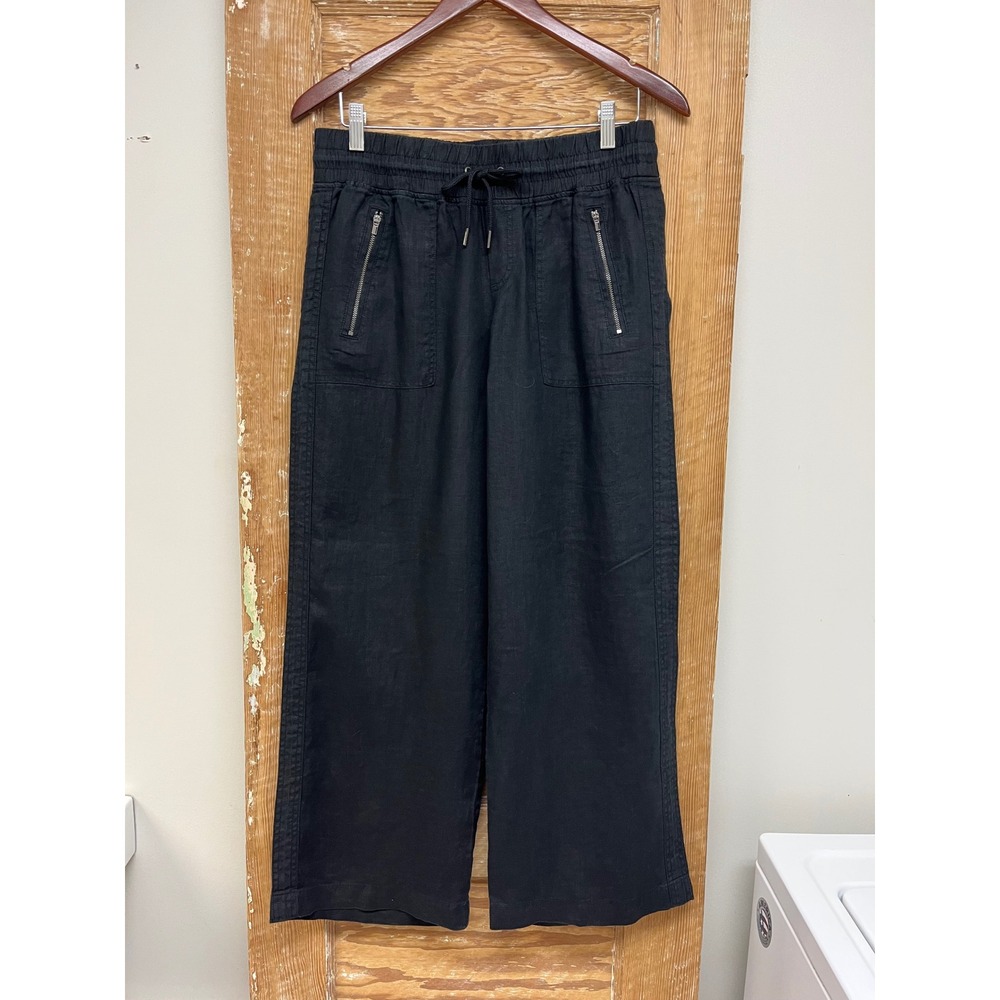 Athleta Linen Cabo Wide Leg Pants 10P Black Resort Minimalist Relaxed Utility